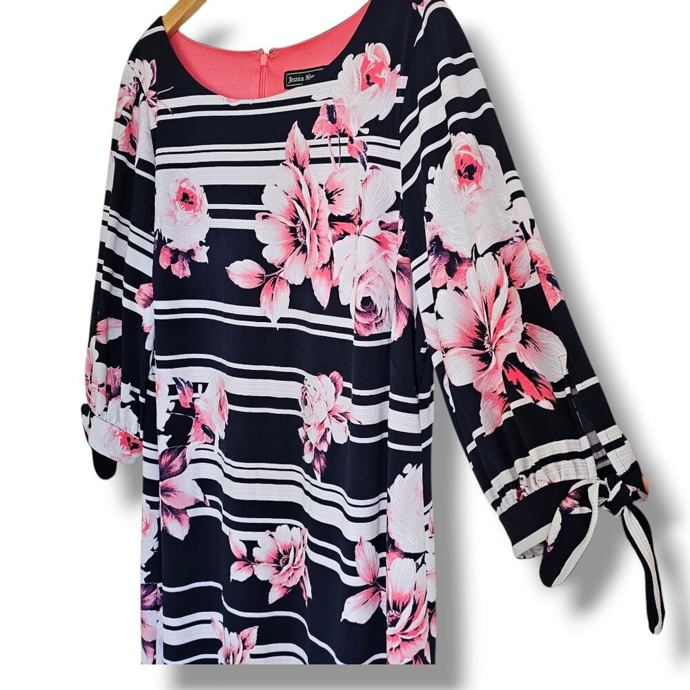 Jessica Howard Black White Striped Dress with Pink Floral Print - Picture 5 of 9